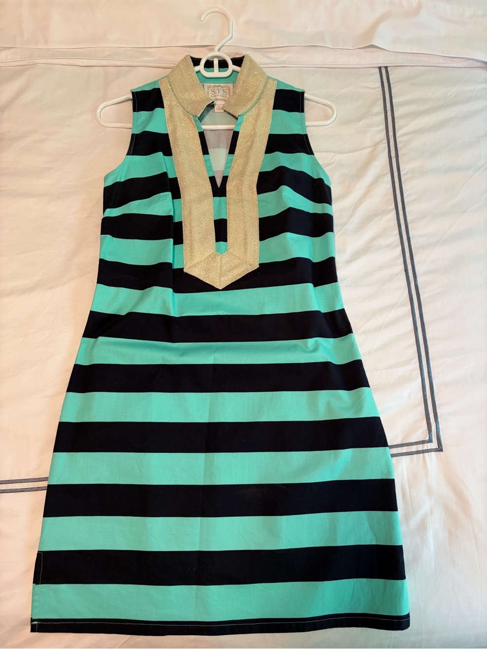 STS Sail to Sable: Sleeveless Navy and Teal Striped Shift Dress with Gold Trim